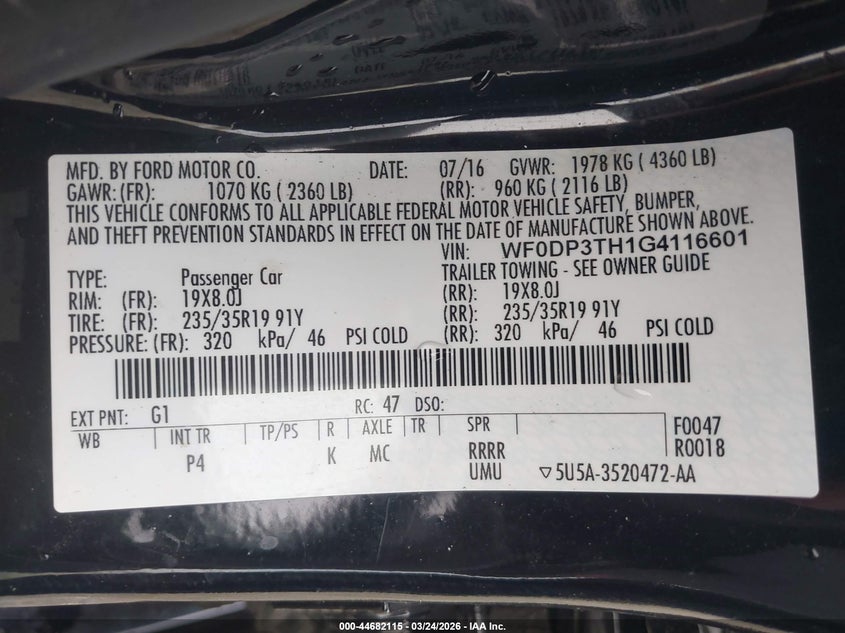 2016 Ford Focus rs VIN WF0DP3TH1G4116601 IAAI salvage auction — FRONT END, Wait Title, sold $3,650 on 2026-07-29 (photo 9)