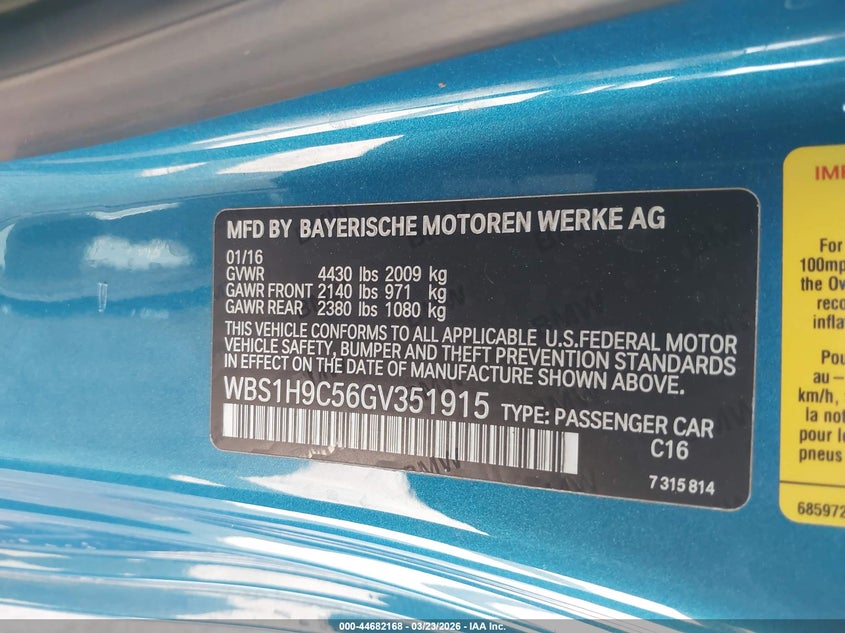 2016 BMW M2 VIN WBS1H9C56GV351915 IAAI salvage auction — LEFT FRONT, Salvage (California), sold $10,750 on 2026-07-22 (photo 9)