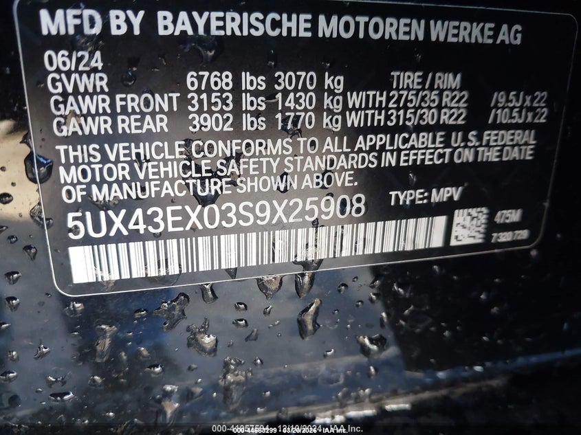 2025 BMW X6 VIN 5UX43EX03S9X25908 IAAI salvage auction — ALL OVER, Salvage Title, sold $3,550 on 2026-07-29 (photo 9)
