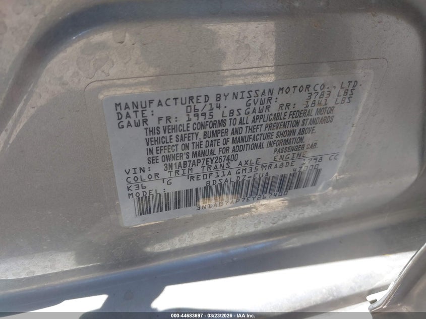 2014 Nissan Sentra VIN 3N1AB7AP7EY267400 IAAI salvage auction — LEFT FRONT, Salvage (Arizona), sold $750 on 2026-07-09 (photo 9)