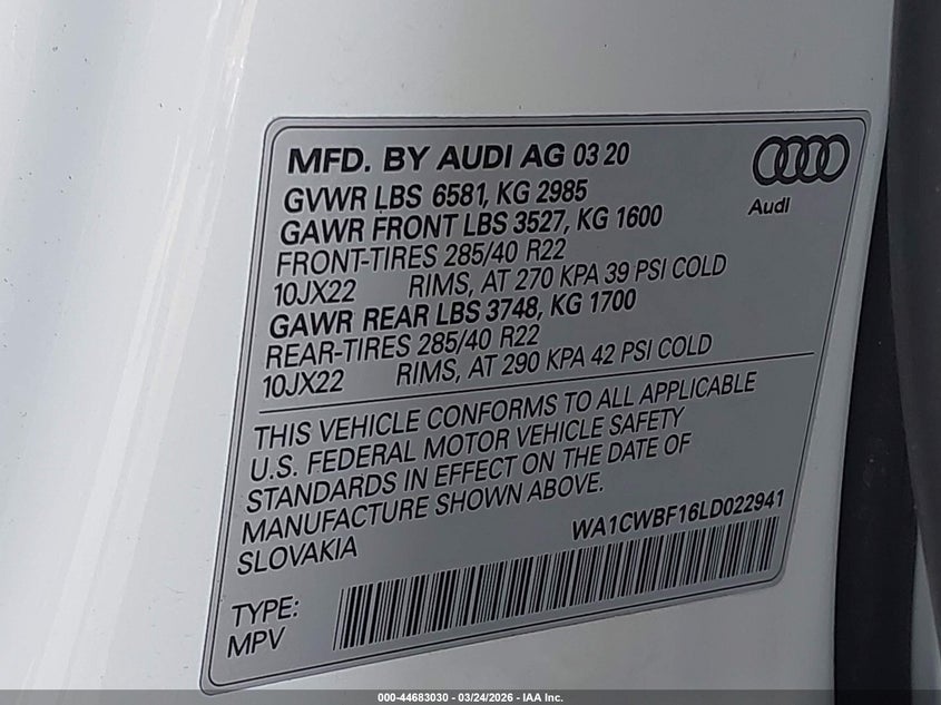 2020 Audi Sq8 VIN WA1CWBF16LD022941 IAAI salvage auction — FRONT & REAR, Wait Title, sold $7,400 on 2026-07-08 (photo 9)