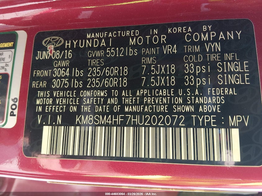 2017 Hyundai Santa fe VIN KM8SM4HF7HU202072 IAAI salvage auction — RIGHT SIDE, Clear (Missouri), sold $3,050 on 2026-07-07 (photo 9)