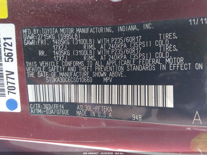 2012 Toyota Sienna VIN 5TDKA3DC6CS010660 IAAI salvage auction — FRONT END, Wait Title, sold $525 on 2026-07-28 (photo 9)