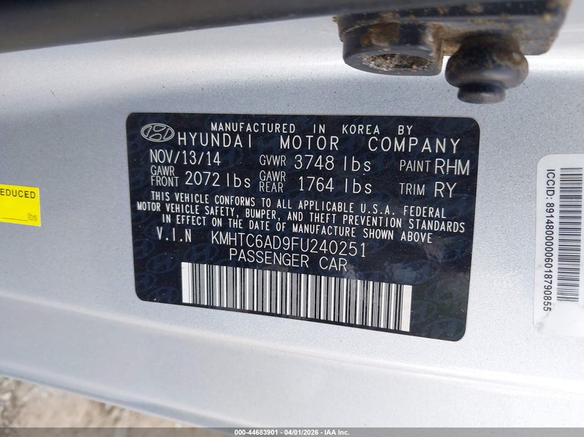 2015 Hyundai Veloster VIN KMHTC6AD9FU240251 IAAI salvage auction — RIGHT FRONT, Salvage (Georgia), sold $1,250 on 2026-07-22 (photo 9)