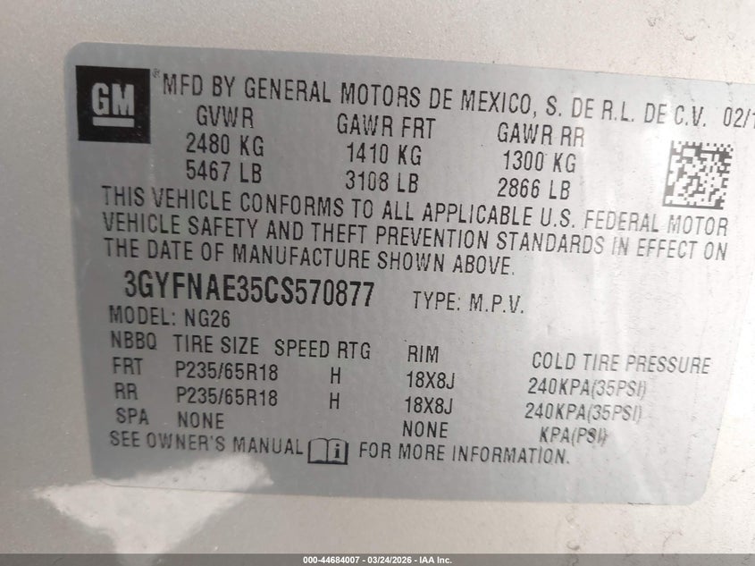 2012 Cadillac Srx VIN 3GYFNAE35CS570877 IAAI salvage auction — FRONT END, Salvage (New Jersey), sold $1,075 on 2026-07-20 (photo 9)