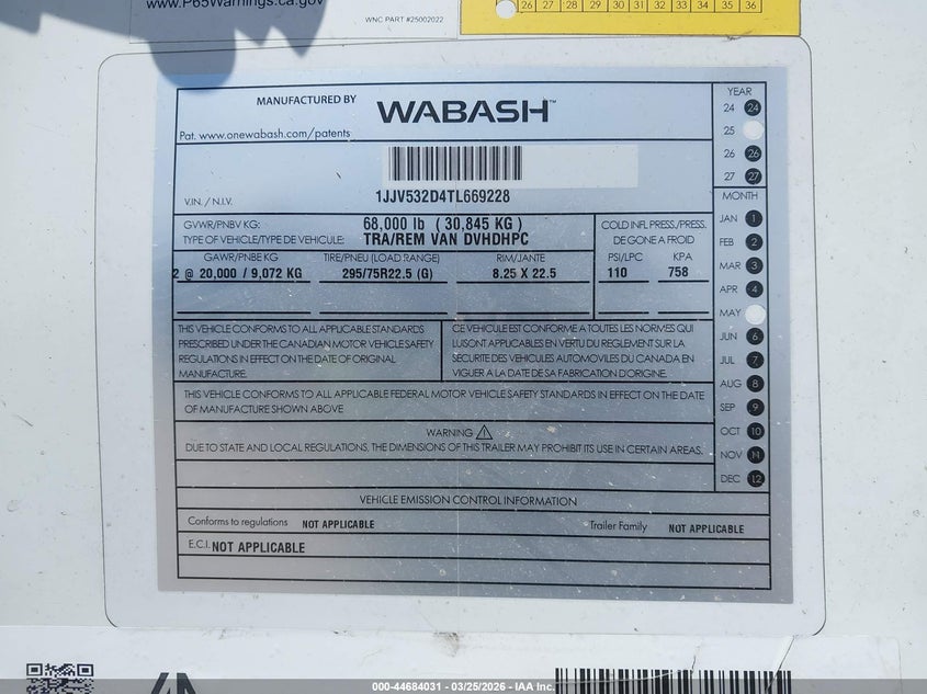2026 Wabash national corp Unknown VIN 1JJV532D4TL669228 IAAI salvage auction — Unknown, Salvage (Texas), sold $7,300 on 2026-08-12 (photo 9)