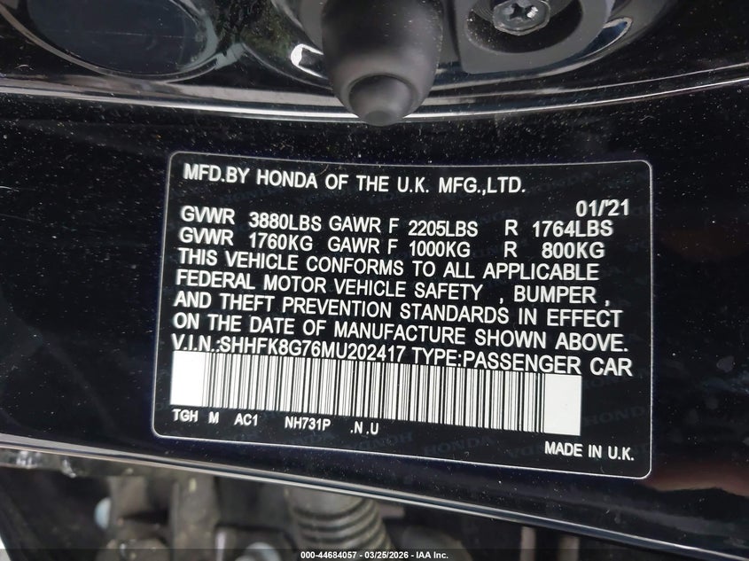 2021 Honda Civic type r VIN SHHFK8G76MU202417 IAAI salvage auction — RIGHT FRONT, Wait Title, sold $15,500 on 2026-07-09 (photo 9)