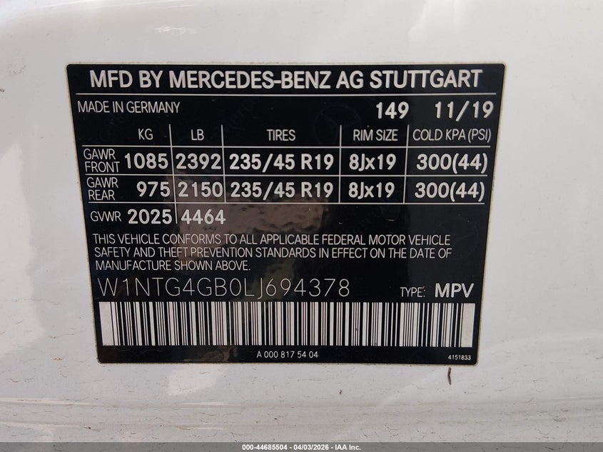 2020 Mercedes-benz Gla-klasse VIN W1NTG4GB0LJ694378 IAAI salvage auction — WATER/FLOOD, Wait Title, sold $3,750 on 2026-08-14 (photo 9)