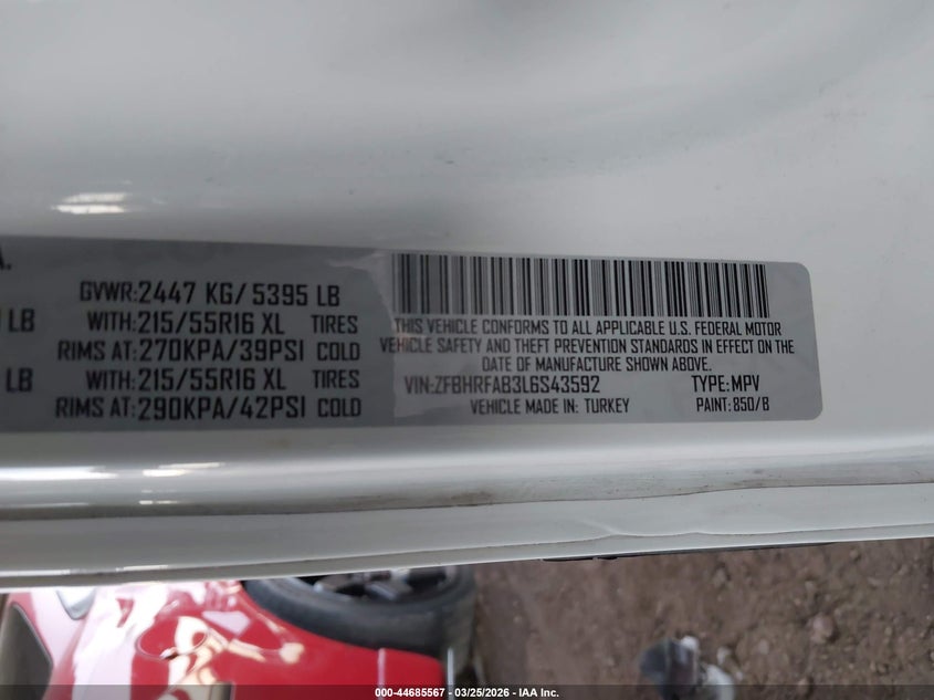 2020 Ram Promaster city VIN ZFBHRFAB3L6S43592 IAAI salvage auction — FRONT END, Wait Title, sold $4,750 on 2026-07-14 (photo 9)