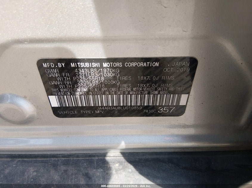 2020 Mitsubishi Outlander VIN JA4AR3AU8LU010859 IAAI salvage auction — FRONT END, Salvage (Mississippi), sold $3,800 on 2026-08-22 (photo 9)