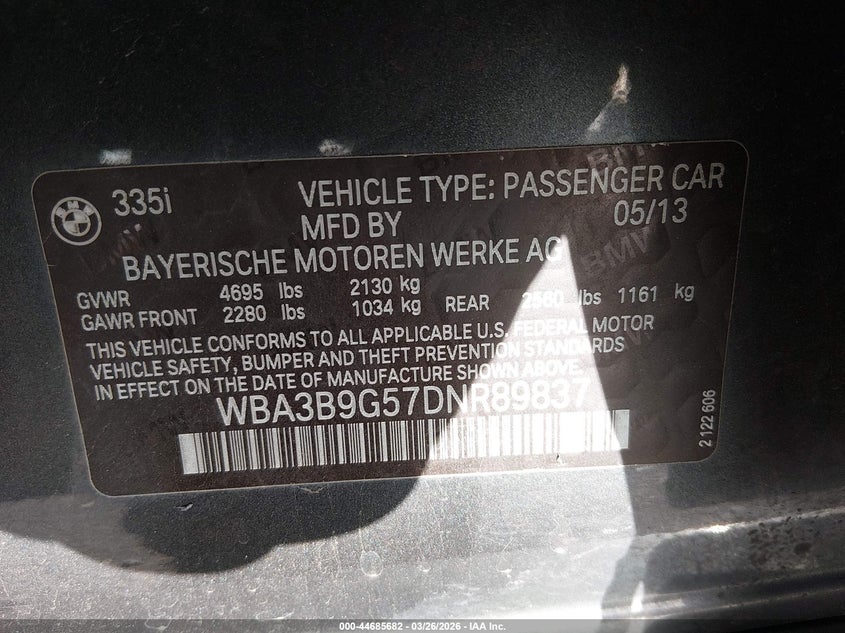 2013 BMW 3er VIN WBA3B9G57DNR89837 IAAI salvage auction — FRONT END, Salvage (Colorado), sold $775 on 2026-07-07 (photo 9)