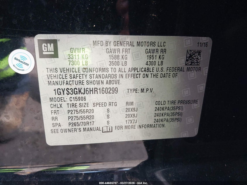 2017 Cadillac Escalade VIN 1GYS3GKJ6HR160299 IAAI salvage auction — WATER/FLOOD, Bill Of Sale (Hawaii), sold $2,150 on 2026-07-21 (photo 9)