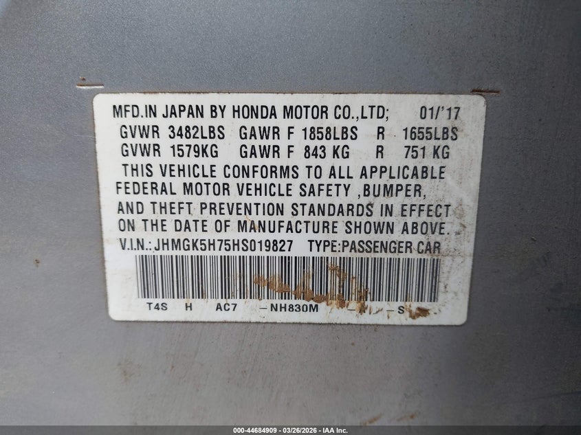 2017 Honda Fit VIN JHMGK5H75HS019827 IAAI salvage auction — WATER/FLOOD, Salvage (Hawaii), sold $1,000 on 2026-07-28 (photo 9)