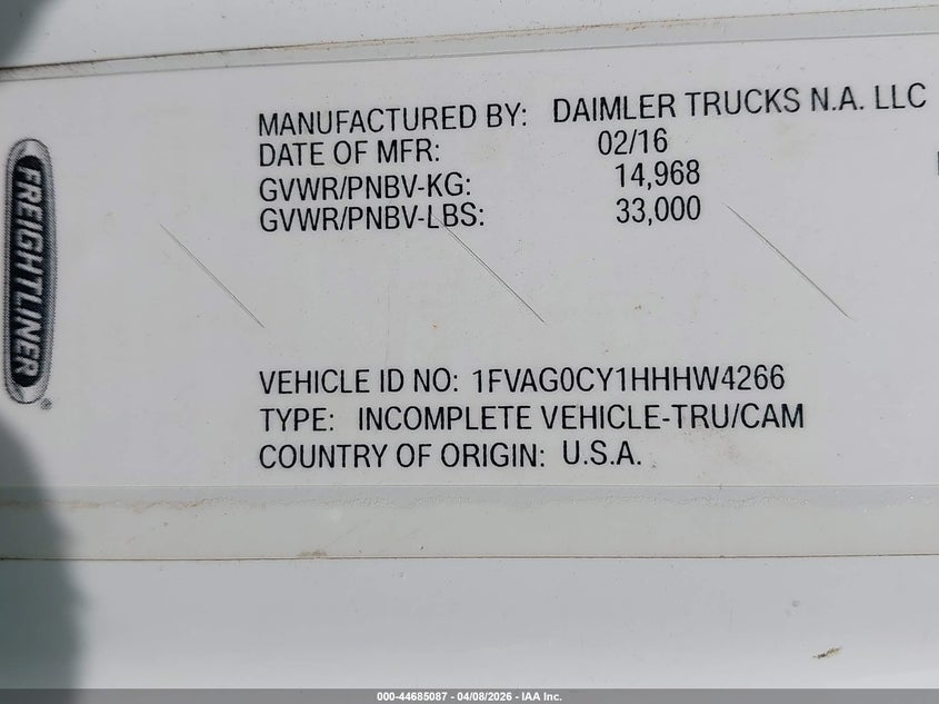 2017 Freightliner 108sd VIN 1FVAG0CY1HHHW4266 IAAI salvage auction — SIDE, Clear (Indiana), sold $1,550 on 2026-07-29 (photo 8)