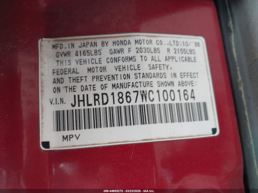 1998 Honda Cr-v VIN JHLRD1867WC100164 IAAI salvage auction — NORMAL WEAR, Salvage (Texas), sold $550 on 2026-07-29 (photo 9)