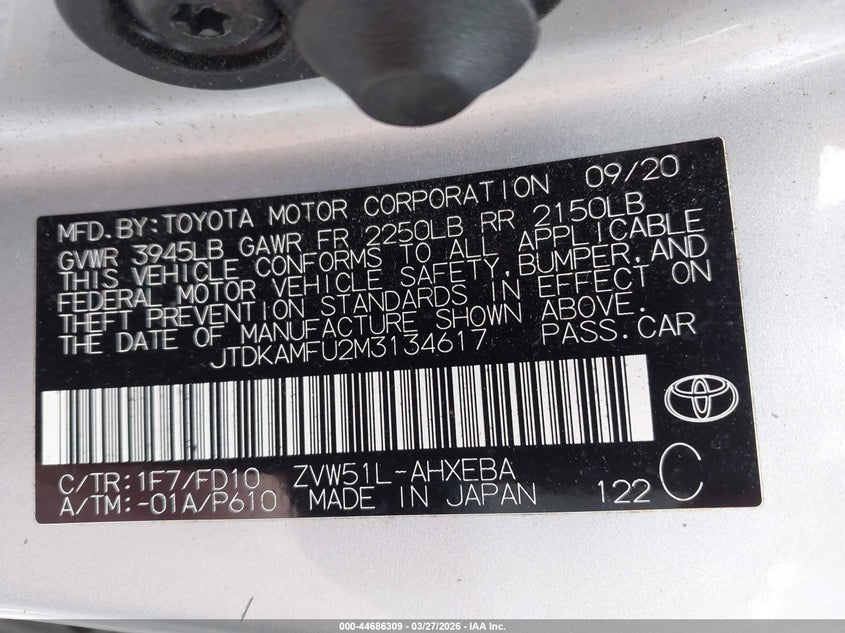 2021 Toyota Prius VIN JTDKAMFU2M3134617 IAAI salvage auction — FRONT & REAR, Wait Title, sold $25 on 2026-07-21 (photo 9)
