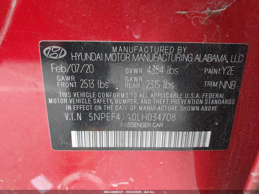 2020 Hyundai Sonata VIN 5NPEF4JA0LH034708 IAAI salvage auction — FRONT END, Wait Title, sold $4,600 on 2026-07-23 (photo 9)