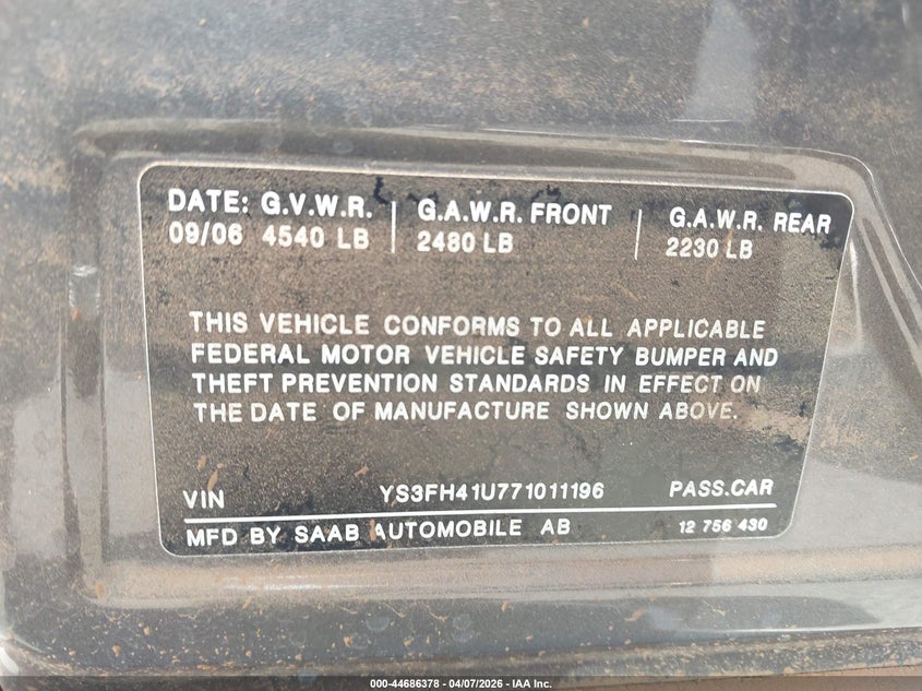 2007 Saab 9-3 VIN YS3FH41U771011196 IAAI salvage auction — WATER/FLOOD, Bill Of Sale (Hawaii), sold $50 on 2026-08-18 (photo 9)