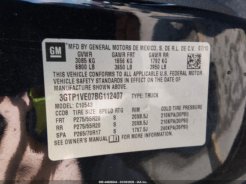 2011 Gmc Sierra 1500 VIN 3GTP1VE07BG112407 IAAI salvage auction — NORMAL WEAR, Clear (Texas), sold $3,150 on 2026-07-09 (photo 9)