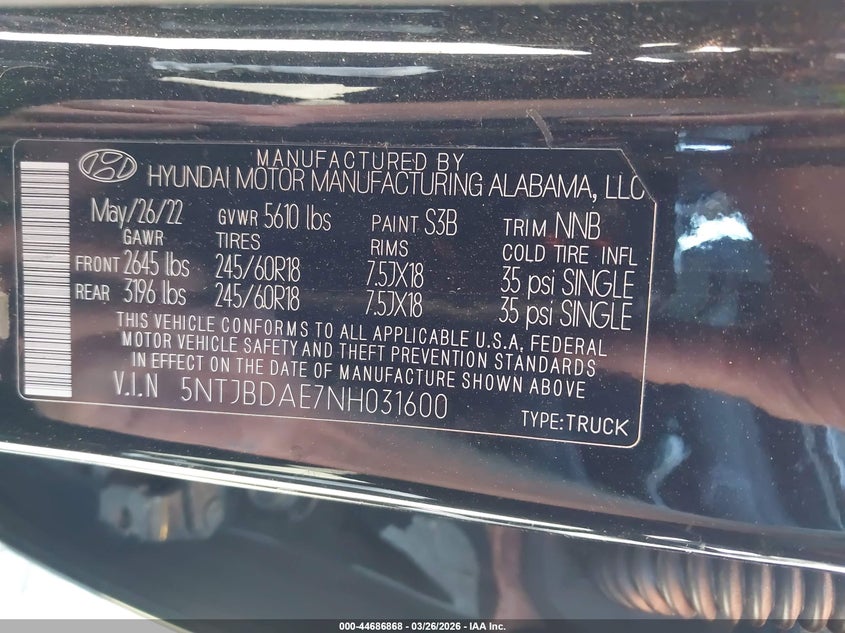 2022 Hyundai Santa cruz VIN 5NTJBDAE7NH031600 IAAI salvage auction — LEFT SIDE, Wait Title, sold $6,000 on 2026-07-13 (photo 9)
