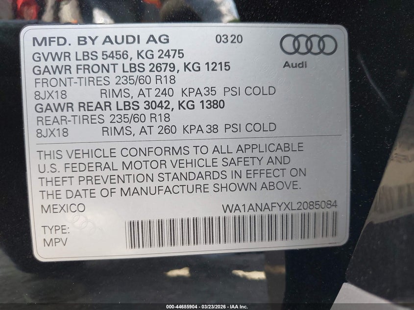 2020 Audi Q5 VIN WA1ANAFYXL2085084 IAAI salvage auction — RIGHT FRONT, Wait Title, sold $9,000 on 2026-07-29 (photo 9)