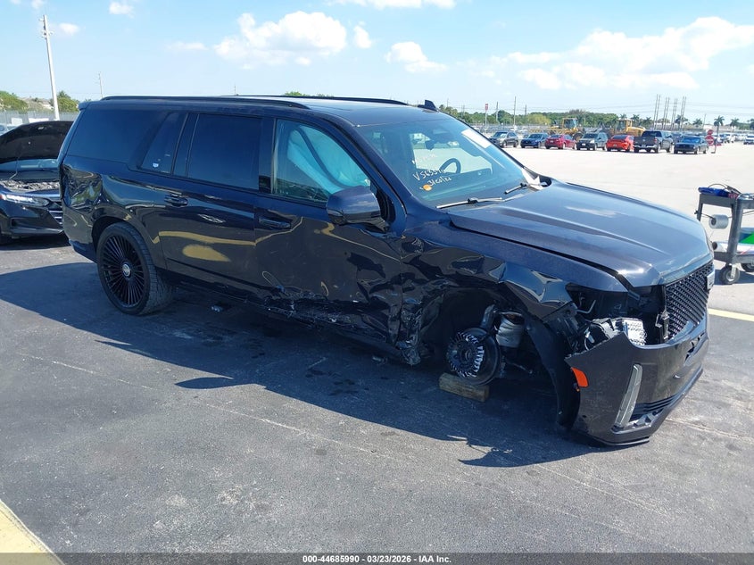 2023 Cadillac Escalade ESV VIN 1GYS3PKL2PR563390 IAAI salvage auction — Side, Rebuildable (Florida), sold $32,550 on 2026-05-18 (photo 1)