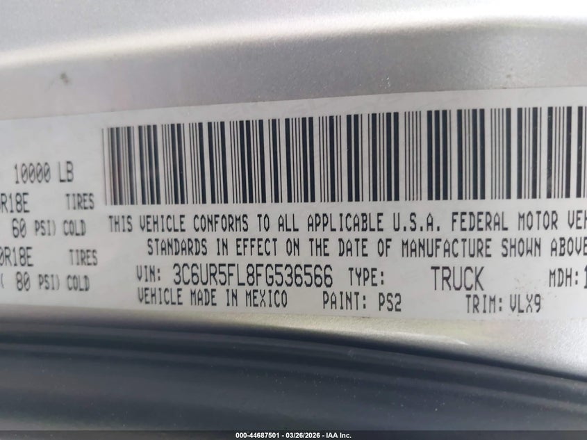 2015 Ram 2500 VIN 3C6UR5FL8FG536566 IAAI salvage auction — Front End, Clear (Tennessee), sold $29,250 on 2026-04-23 (photo 9)