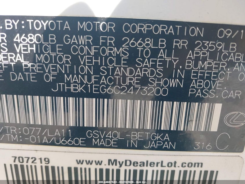 2012 Lexus ES VIN JTHBK1EG6C2473200 IAAI salvage auction — RIGHT FRONT, Wait Title, sold $850 on 2026-07-27 (photo 9)