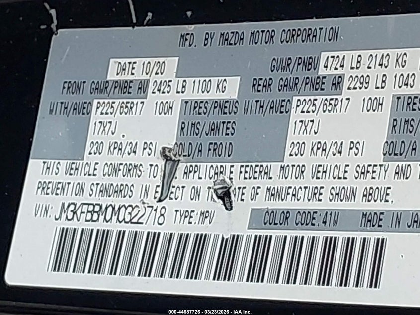 2021 Mazda Cx-5 VIN JM3KFBBM0M0322718 IAAI salvage auction — FRONT END, Wait Title, sold $125 on 2026-07-21 (photo 9)