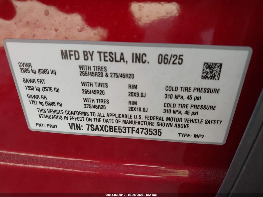 2026 Tesla Model x VIN 7SAXCBE53TF473535 IAAI salvage auction — RIGHT SIDE, Salvage (Illinois), sold $25,000 on 2026-07-07 (photo 9)
