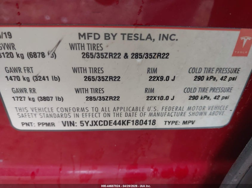 2019 Tesla Model x VIN 5YJXCDE44KF180418 IAAI salvage auction — LEFT SIDE, Salvage Title, sold $15,650 on 2026-07-20 (photo 8)