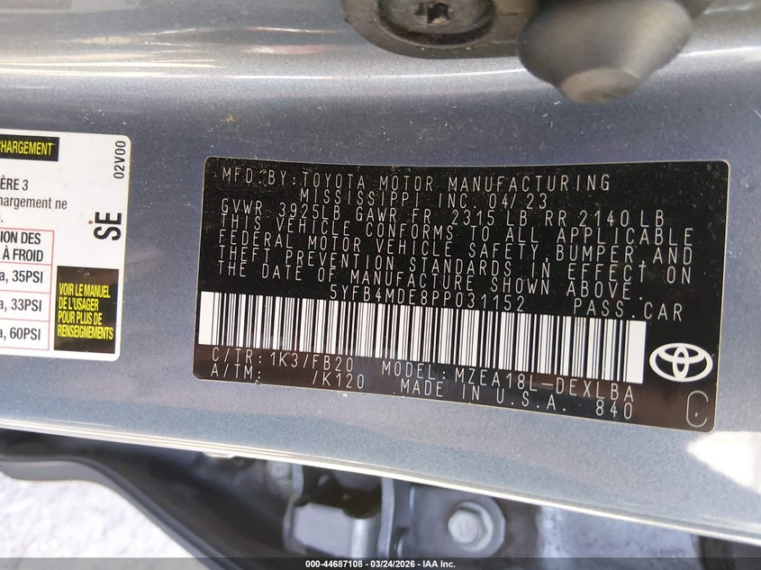 2023 Toyota Corolla VIN 5YFB4MDE8PP031152 IAAI salvage auction — FRONT END, Wait Title, sold $3,250 on 2026-07-29 (photo 9)