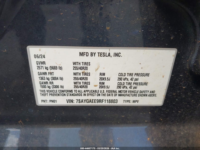 2024 Tesla Model y VIN 7SAYGAEE9RF118803 IAAI salvage auction — WATER/FLOOD, Bill Of Sale (Hawaii), sold $2,950 on 2026-07-30 (photo 9)
