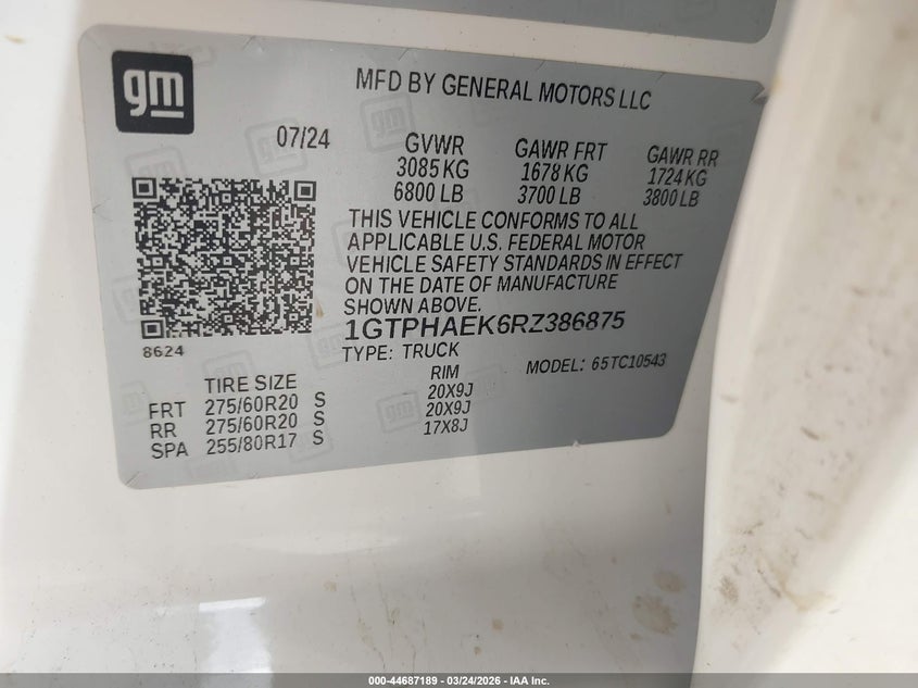 2024 Gmc SIERRA VIN 1GTPHAEK6RZ386875 IAAI salvage auction — FRONT END, Original (Texas), sold $11,150 on 2026-07-31 (photo 9)