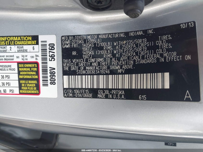 2014 Toyota Sienna VIN 5TDXK3DC6ES419246 IAAI salvage auction — FRONT END, Wait Title, sold $1,650 on 2026-07-22 (photo 9)