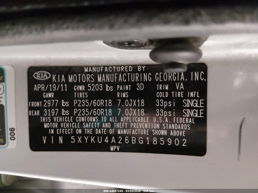 2011 Kia Sorento VIN 5XYKU4A26BG185902 IAAI salvage auction — FRONT END, Salvage (Iowa), sold $1,650 on 2026-07-10 (photo 9)