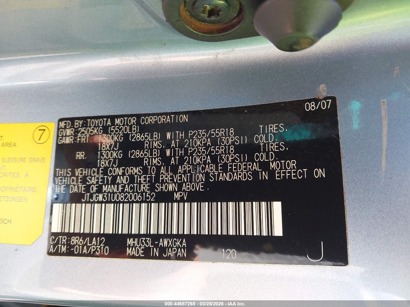 2008 Lexus Rx VIN JTJGW31U082006152 IAAI salvage auction — FRESH WATER, Salvage (Hawaii), sold $125 on 2026-07-28 (photo 9)