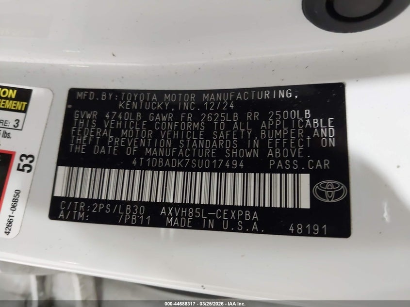 2025 Toyota Camry VIN 4T1DBADK7SU017494 IAAI salvage auction — REAR END, Salvage (Indiana), sold $10,200 on 2026-07-29 (photo 9)