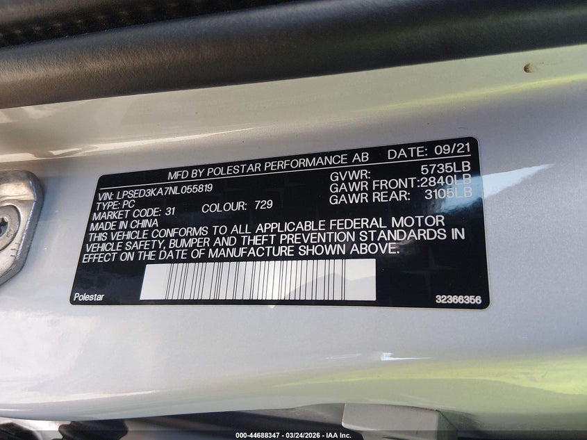 2022 Polestar 2 VIN LPSED3KA7NL055819 IAAI salvage auction — FRONT END, Wait Title, sold $4,000 on 2026-07-16 (photo 9)