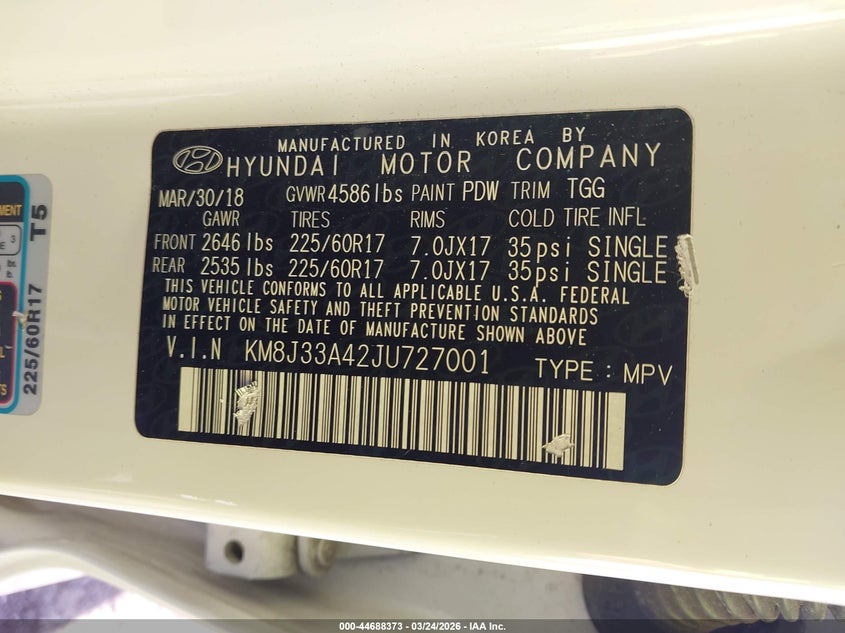 2018 Hyundai Tucson VIN KM8J33A42JU727001 IAAI salvage auction — FRONT END, Wait Title, sold $3,050 on 2026-07-06 (photo 9)
