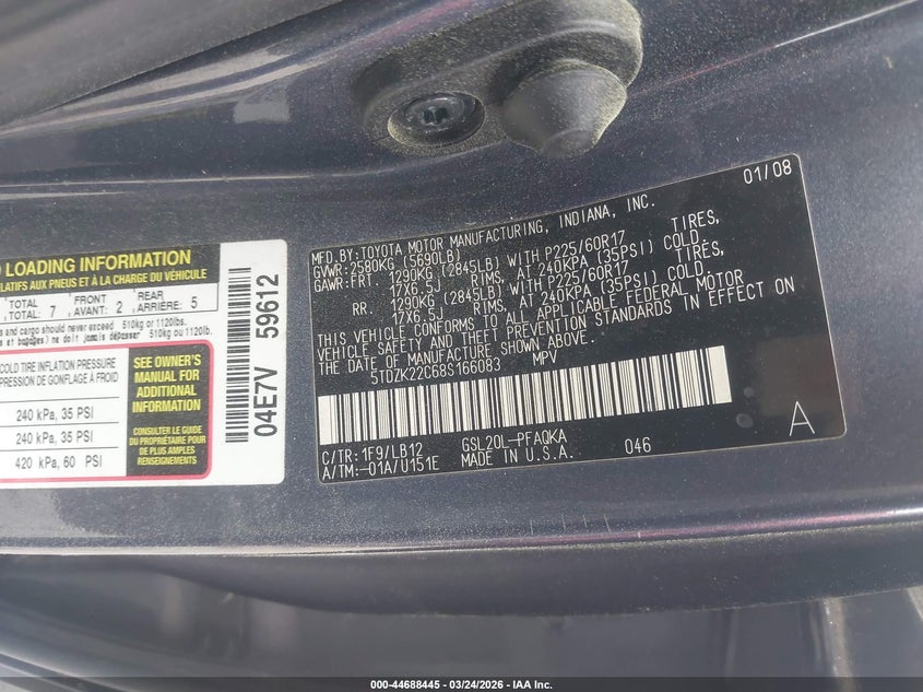 2008 Toyota Sienna VIN 5TDZK22C68S166083 IAAI salvage auction — RIGHT SIDE, Salvage (Georgia), sold $800 on 2026-07-07 (photo 9)