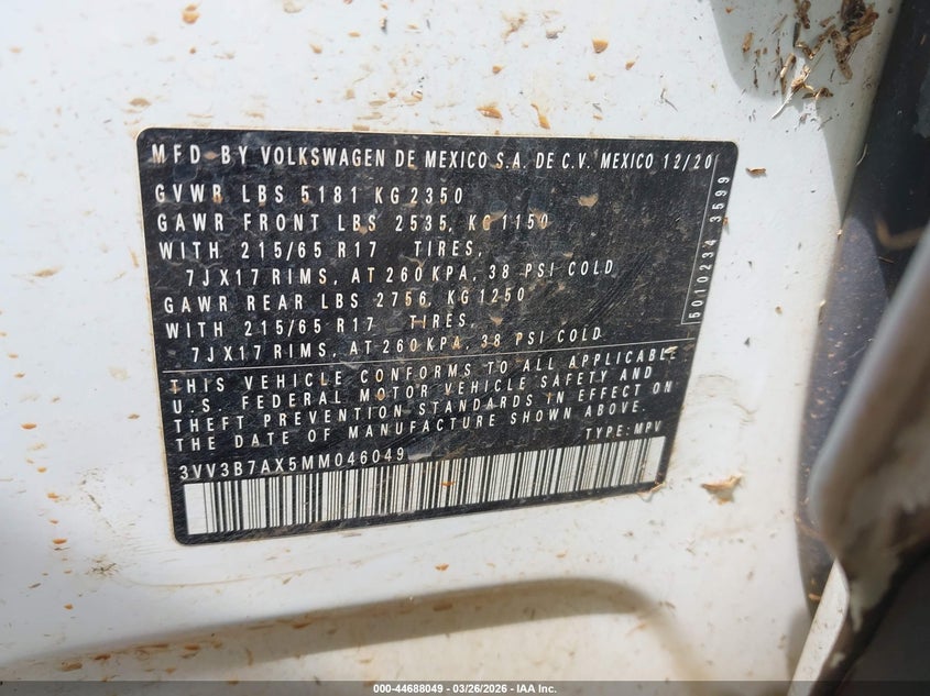 2021 Volkswagen Tiguan VIN 3VV3B7AX5MM046049 IAAI salvage auction — WATER/FLOOD, Salvage (Hawaii), sold $2,550 on 2026-07-28 (photo 9)