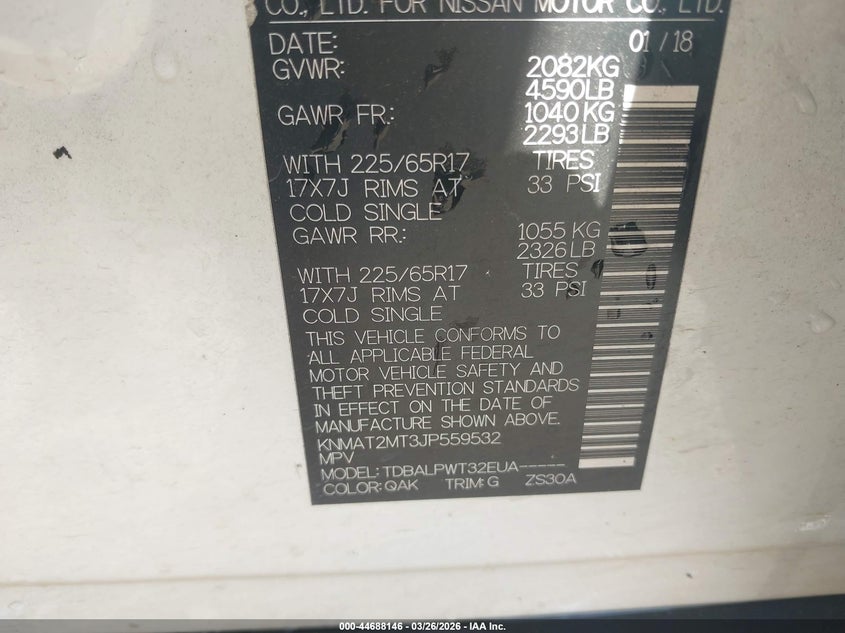 2018 Nissan Rogue VIN KNMAT2MT3JP559532 IAAI salvage auction — REAR END, Salvage (Alabama), sold $1,875 on 2026-07-07 (photo 9)