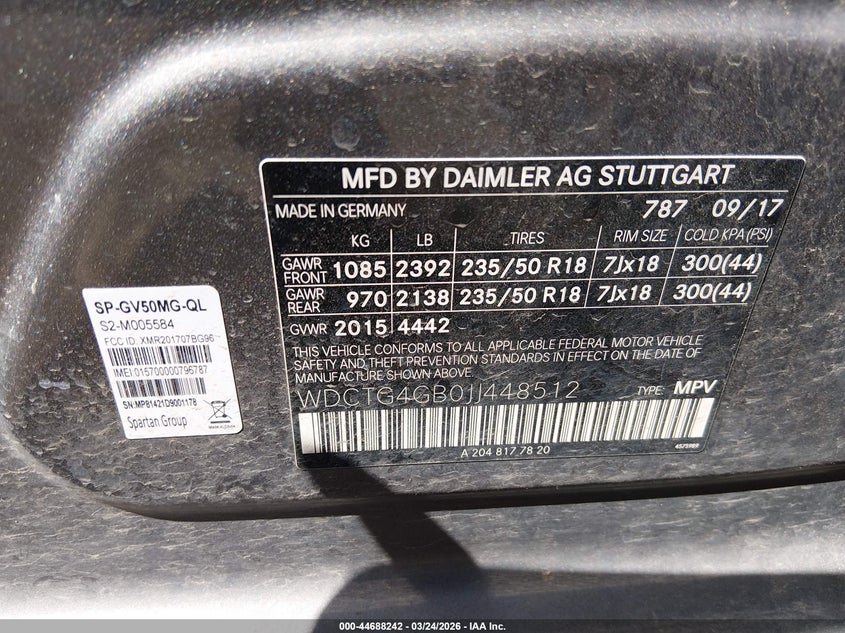 2018 Mercedes-benz Gla-klasse VIN WDCTG4GB0JJ448512 IAAI salvage auction — FRONT END, Wait Title, sold $3,250 on 2026-07-08 (photo 9)