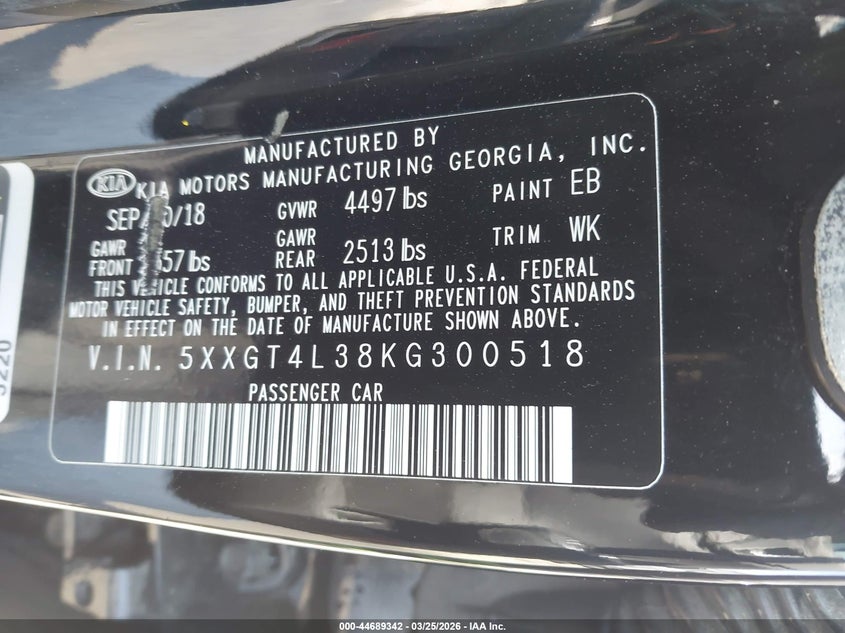 2019 Kia Optima VIN 5XXGT4L38KG300518 IAAI salvage auction — RIGHT SIDE, Wait Title, sold $1,200 on 2026-07-13 (photo 9)