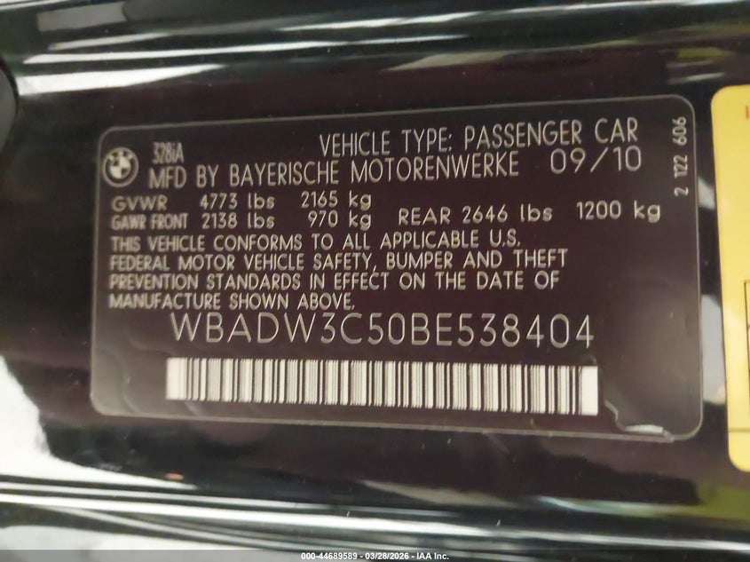 2011 BMW 3er VIN WBADW3C50BE538404 IAAI salvage auction — LEFT FRONT, Salvage (Alabama), sold $1,300 on 2026-07-20 (photo 9)