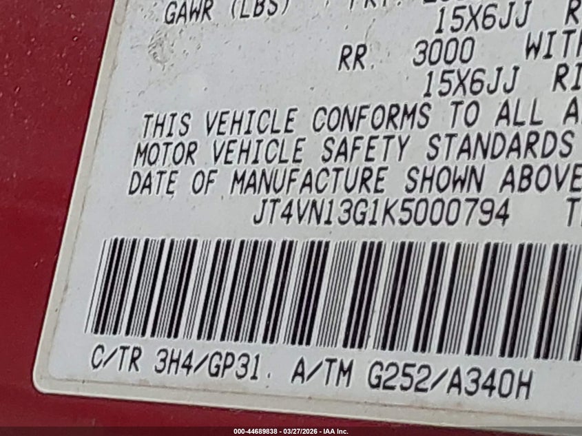 1989 Toyota Pickup VIN JT4VN13G1K5000794 IAAI salvage auction — FRONT & REAR, Clear (New York), sold $1,800 on 2026-07-28 (photo 9)