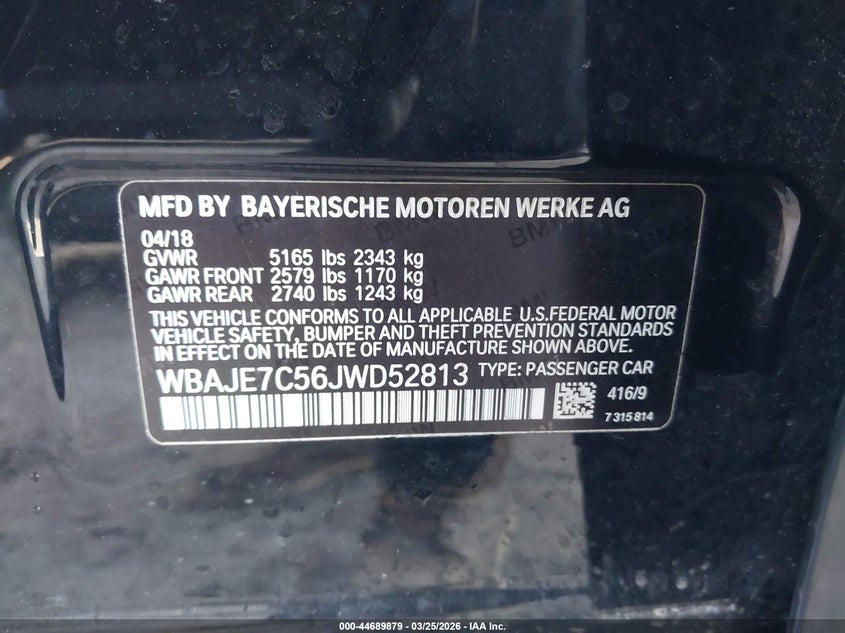 2018 BMW 5er VIN WBAJE7C56JWD52813 IAAI salvage auction — REAR END, Salvage (Massachusetts), sold $15,900 on 2026-07-09 (photo 9)