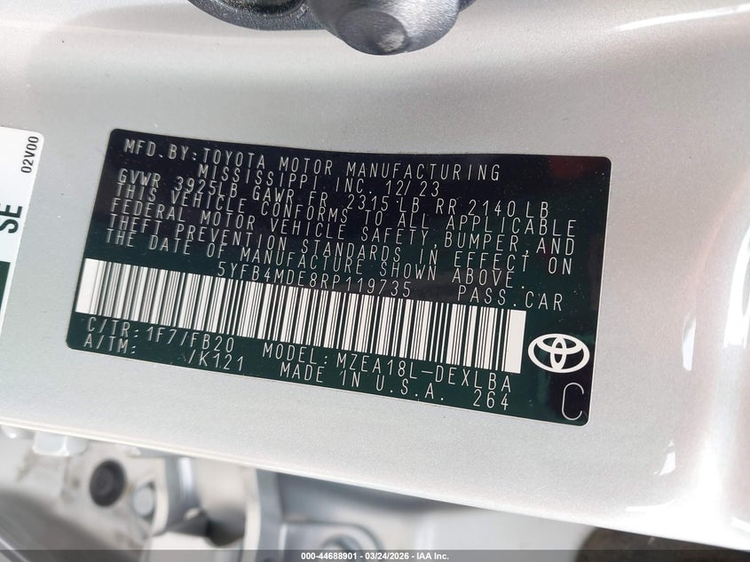 2024 Toyota Corolla VIN 5YFB4MDE8RP119735 IAAI salvage auction — WATER/FLOOD, Salvage (Illinois), sold $7,350 on 2026-07-07 (photo 9)