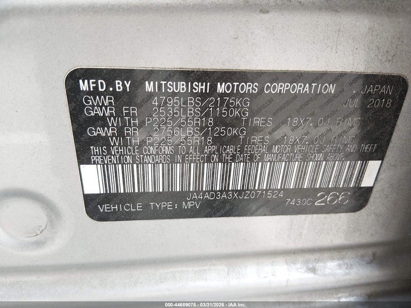 2018 Mitsubishi Outlander VIN JA4AD3A3XJZ071524 IAAI salvage auction — SIDE, Salvage (North Carolina), sold $3,150 on 2026-07-31 (photo 9)